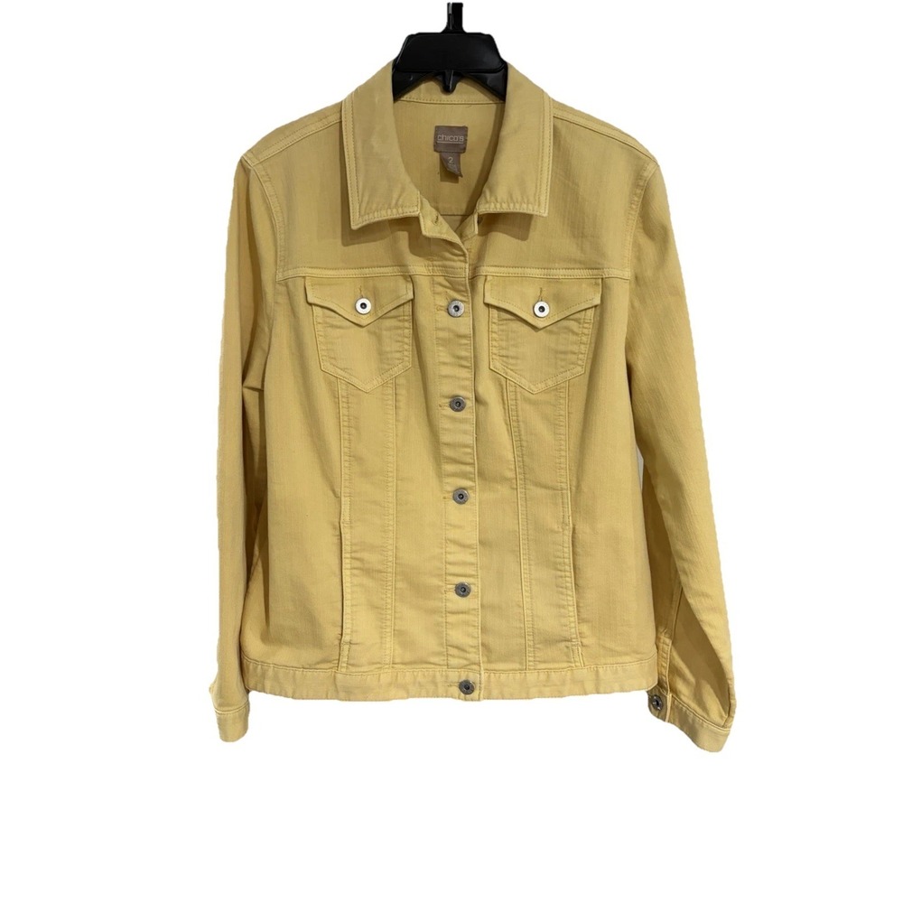 chicos womens YELLOW designer denim jeans jacket stretch size 2‎ LARGE EUC A12